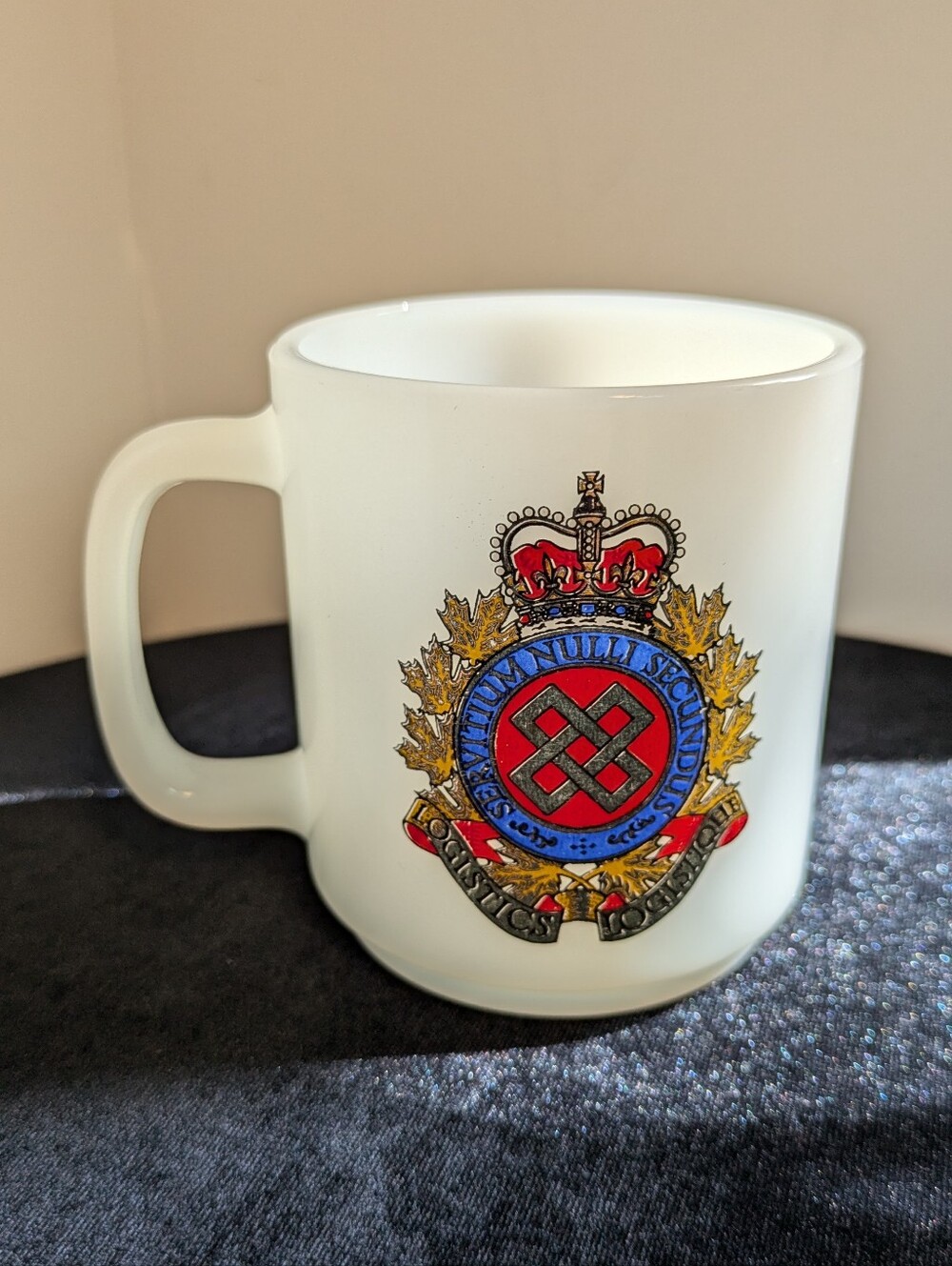 Vintage Royal Canadian Logistics Service Glassbake Milk Glass Mug